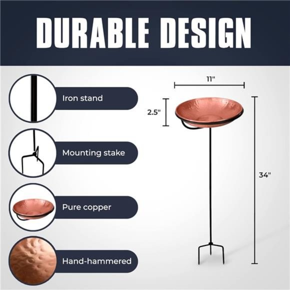 Hand Hammered Pure Copper Standing BirdBath Feeder Bowl Detachable Outdoor Decor - Picture 6 of 7